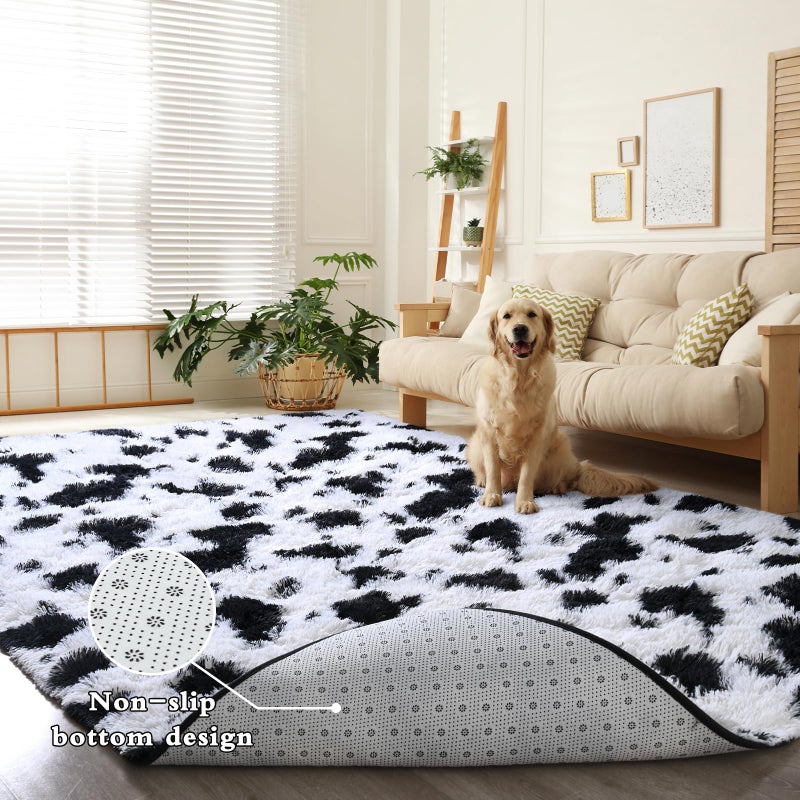 DweIke Fluffy Black White Rugs for Bedroom Living Room, 4x6 Feet Soft Plush Shaggy Cow Hide Print Girls Boys Kids Rug, Non-Slip and Machine Washable Carpet for Dorm Nursery Classroom Decor - Image 3