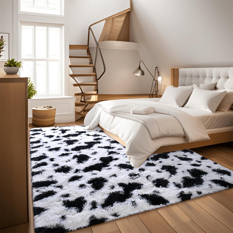 DweIke Fluffy Black White Rugs for Bedroom Living Room, 4x6 Feet Soft Plush Shaggy Cow Hide Print Girls Boys Kids Rug, Non-Slip and Machine Washable Carpet for Dorm Nursery Classroom Decor - Image 4