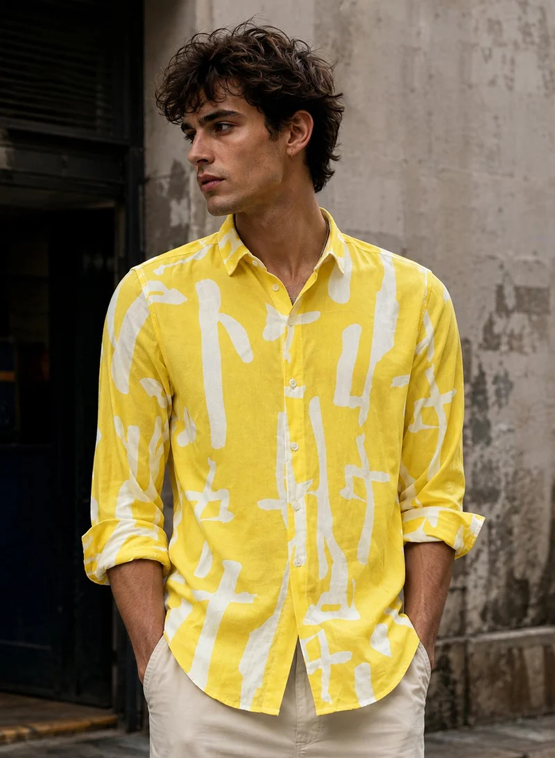 Cahoot Men's Yellow Printed Viscose Shirt