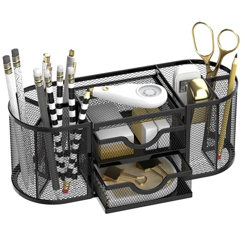 SUPEASY Mesh Desk Organizer, Desk Organizers and Accessories, Pen Holder with Drawers, Pencil Holder for Desk with 2 Drawer for Office Supplies, Black - Image 1