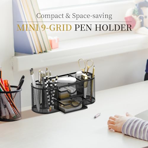 SUPEASY Mesh Desk Organizer, Desk Organizers and Accessories, Pen Holder with Drawers, Pencil Holder for Desk with 2 Drawer for Office Supplies, Black - Image 2