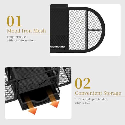 SUPEASY Mesh Desk Organizer, Desk Organizers and Accessories, Pen Holder with Drawers, Pencil Holder for Desk with 2 Drawer for Office Supplies, Black - Image 5