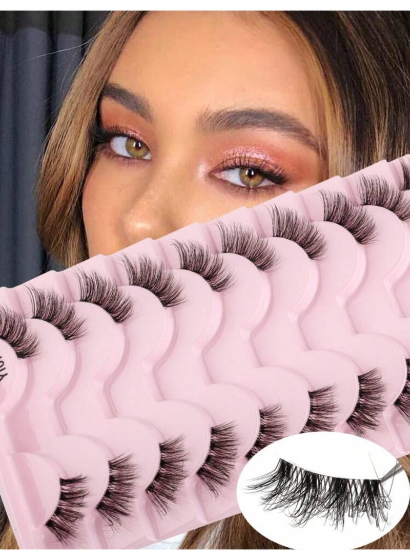 Suerte False Eyelashes Strip, 10 Pairs Of Crossed & Fluffy & Curly  Half Eye Lashes With Invisible Stem, 3D Synthetic Mink Fur Handmade Extension 7-10mm, Great For Women's Party Makeup - Image 3