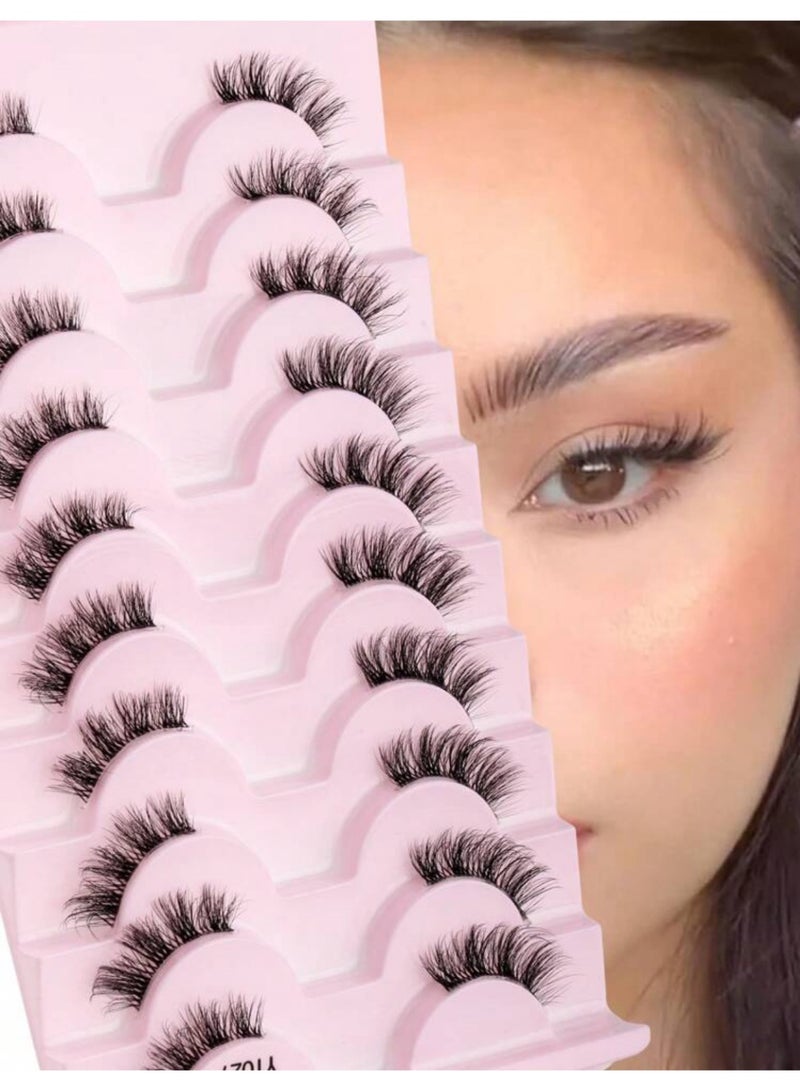 Suerte False Eyelashes Strip, 10 Pairs Of Crossed & Fluffy & Curly  Half Eye Lashes With Invisible Stem, 3D Synthetic Mink Fur Handmade Extension 7-10mm, Great For Women's Party Makeup - Image 1