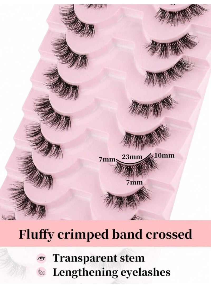 Suerte False Eyelashes Strip, 10 Pairs Of Crossed & Fluffy & Curly  Half Eye Lashes With Invisible Stem, 3D Synthetic Mink Fur Handmade Extension 7-10mm, Great For Women's Party Makeup - Image 2