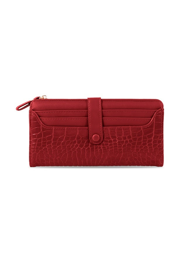 Luxury-level fashion crocodile-patterned long wallet with a zipper closure, designed specifically for distinguished women. It can be used as a credit card wallet or a ladies' clutch bag, featuring a large capacity and multiple card slots. Red.  - Image 1