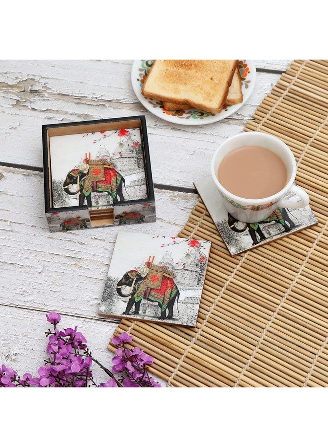 DULI Set of 6 MDF Wood Tea Coasters with Stand (10 * 10 cm) (Red-WhiteElephant) - Image 1