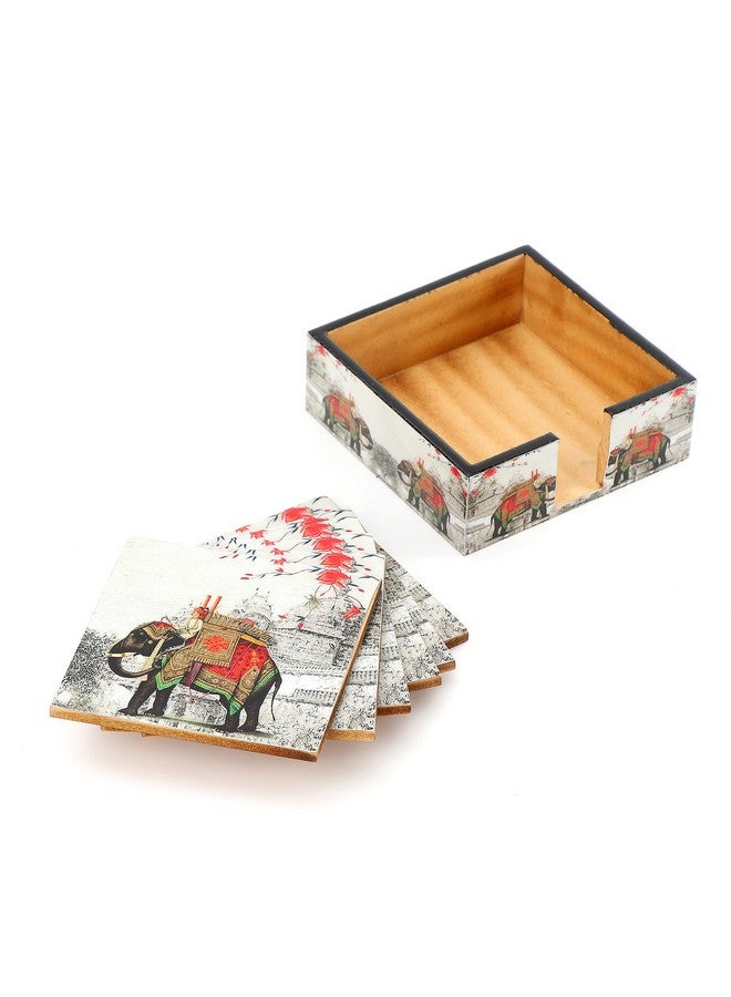 DULI Set of 6 MDF Wood Tea Coasters with Stand (10 * 10 cm) (Red-WhiteElephant) - Image 4