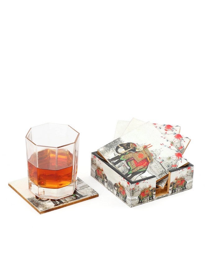 DULI Set of 6 MDF Wood Tea Coasters with Stand (10 * 10 cm) (Red-WhiteElephant) - Image 2