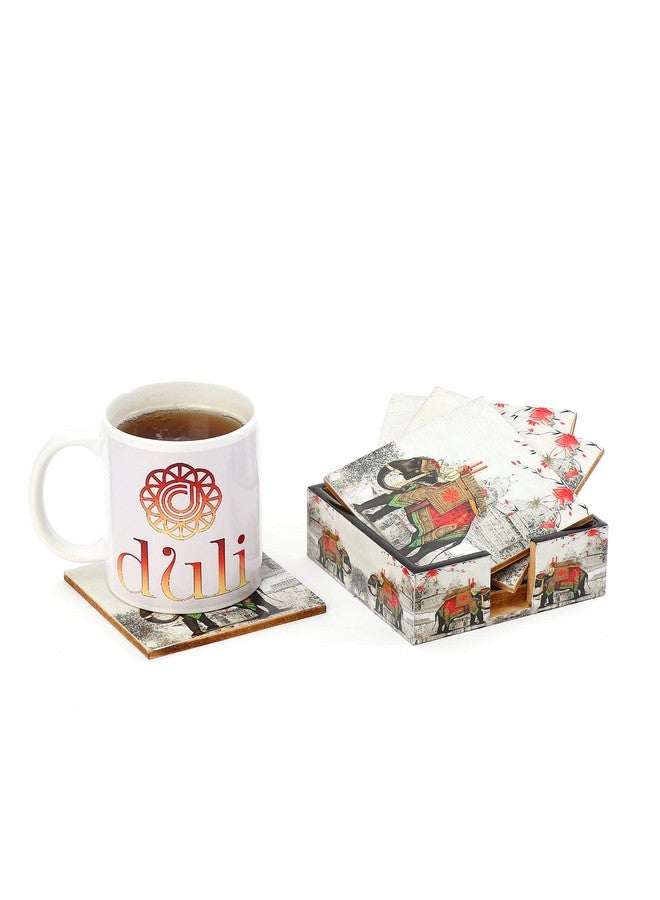 DULI Set of 6 MDF Wood Tea Coasters with Stand (10 * 10 cm) (Red-WhiteElephant) - Image 3