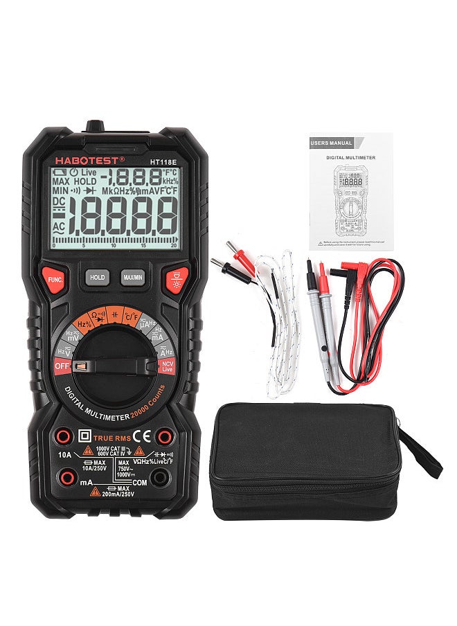 HT118E Digital Multimeter Auto Range Multi-meter 20,000 Counts True RMS Measuring AC/DC Voltage & Current Resistance Capacitance Frequency Temperature Continuity Duty MAX/MIN Mesaurement Live & NCV Test Diode with LCD Backlight Flashlight - pzsku/Z1CE2D82C96C7E9BD499FZ/45/_/1732096881/bf6c6f2e-7ace-4ea2-9812-fd2992a10dda