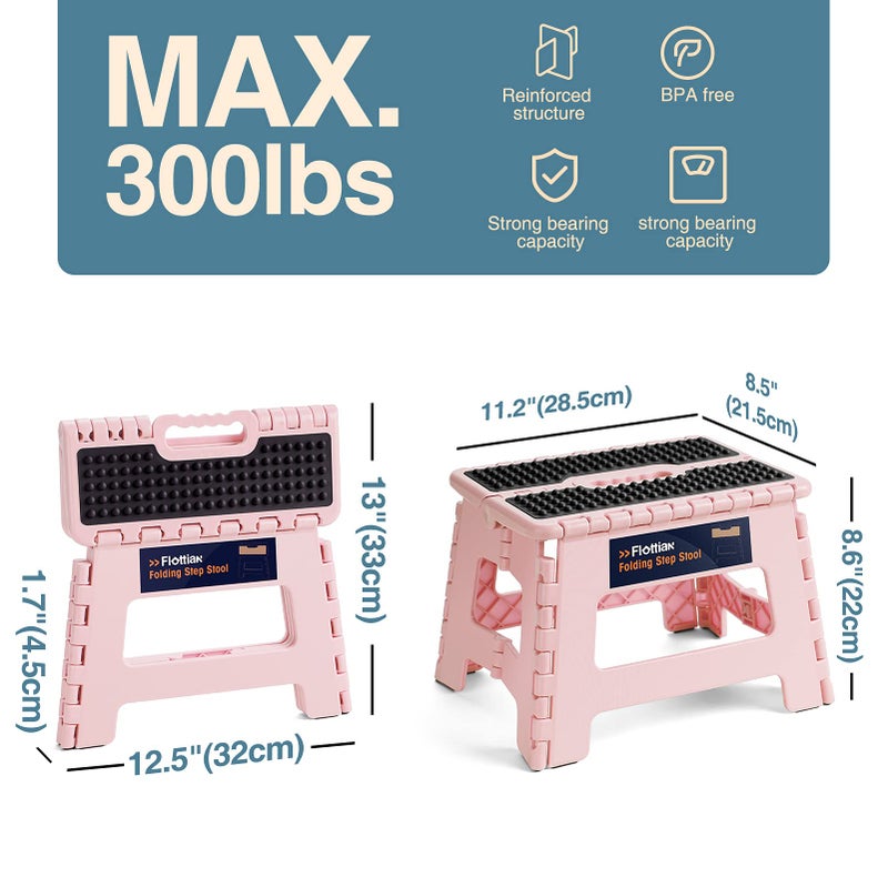 Flottian 9" Folding Step Stool for Adults and Kids Holds Up to 300 lbs,Non-Slip Folding Stools with Portable Handle, Compact Plastic Foldable Step Stool for Bathroom,Bedroom, Kitchen Sakura Pink - Image 2