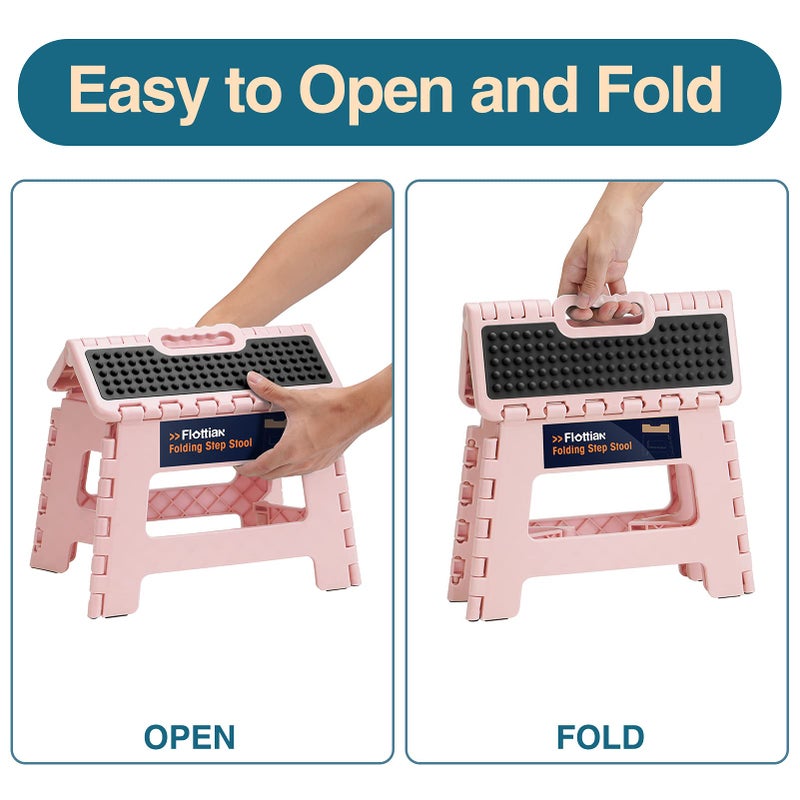 Flottian 9" Folding Step Stool for Adults and Kids Holds Up to 300 lbs,Non-Slip Folding Stools with Portable Handle, Compact Plastic Foldable Step Stool for Bathroom,Bedroom, Kitchen Sakura Pink - Image 3