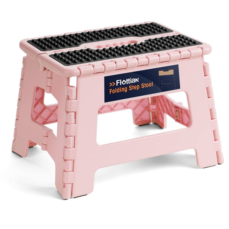 Flottian 9" Folding Step Stool for Adults and Kids Holds Up to 300 lbs,Non-Slip Folding Stools with Portable Handle, Compact Plastic Foldable Step Stool for Bathroom,Bedroom, Kitchen Sakura Pink - Image 1
