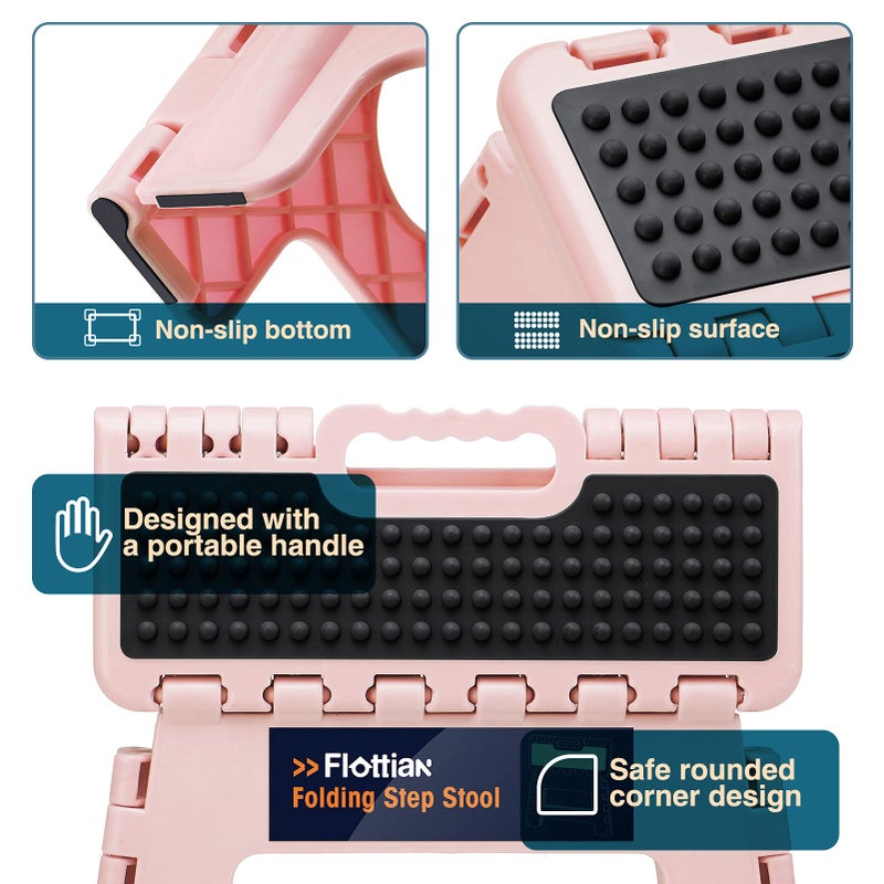 Flottian 9" Folding Step Stool for Adults and Kids Holds Up to 300 lbs,Non-Slip Folding Stools with Portable Handle, Compact Plastic Foldable Step Stool for Bathroom,Bedroom, Kitchen Sakura Pink - Image 4