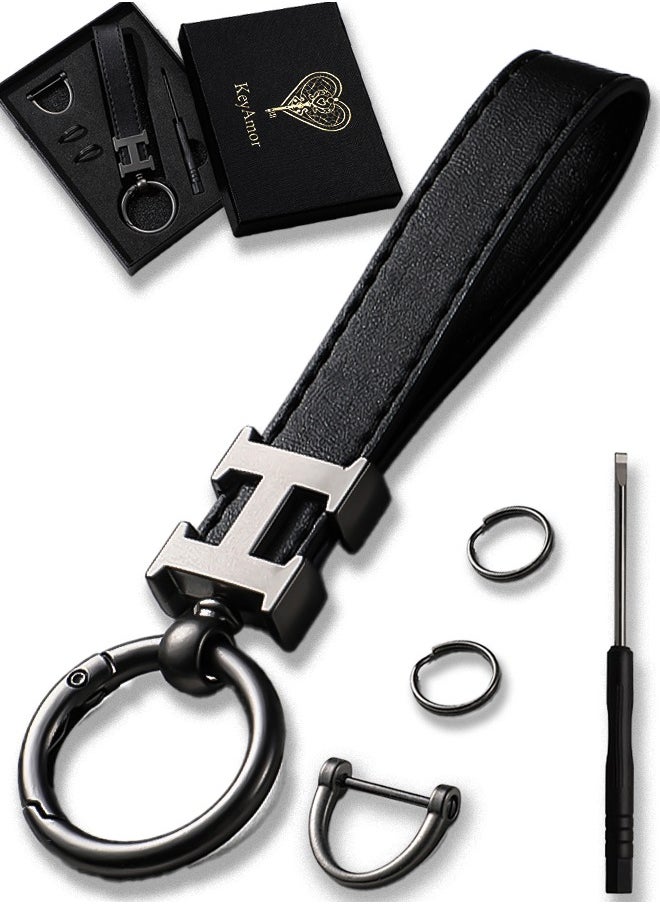 KeyAmor Elegant metal and leather keychain car keyholder for men . H letter  keychain , Stylish car keychain with 3 key rings, perfect as a fancy gift or car accessories. Features an elegant and refined black colour and comes in a fancy gift box.  - Image 1