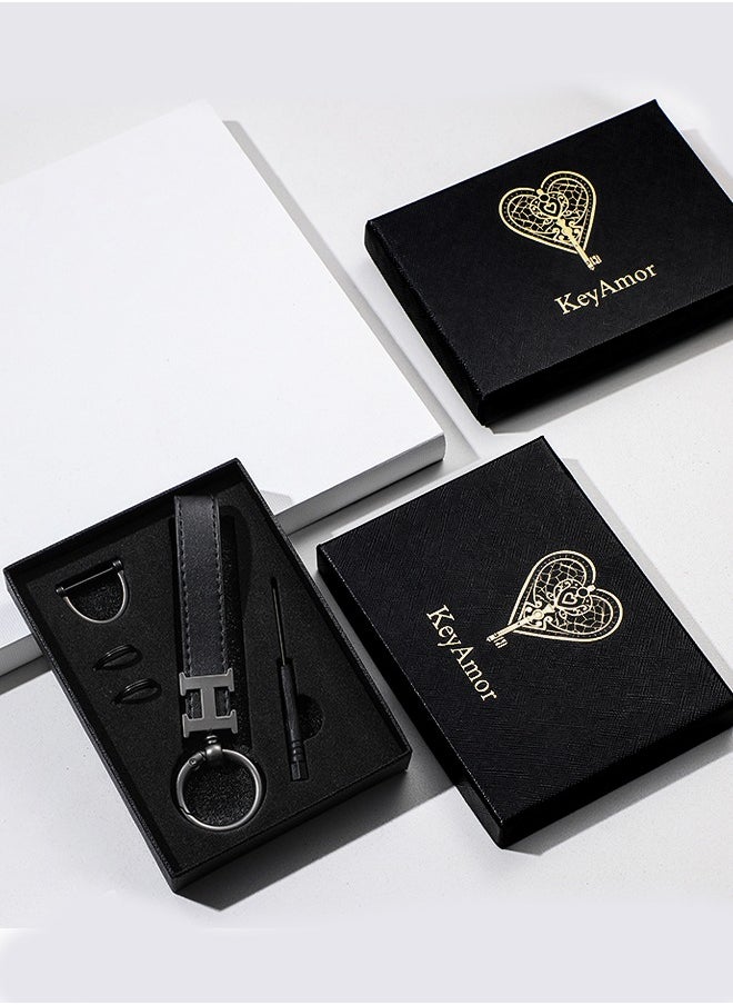 KeyAmor Elegant metal and leather keychain car keyholder for men . H letter  keychain , Stylish car keychain with 3 key rings, perfect as a fancy gift or car accessories. Features an elegant and refined black colour and comes in a fancy gift box.  - Image 2