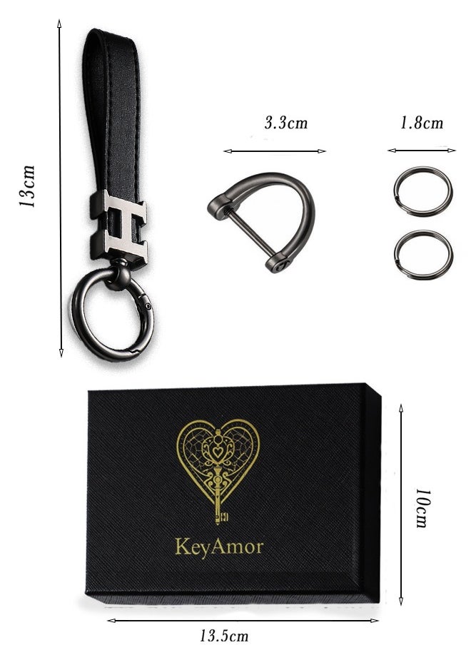 KeyAmor Elegant metal and leather keychain car keyholder for men . H letter  keychain , Stylish car keychain with 3 key rings, perfect as a fancy gift or car accessories. Features an elegant and refined black colour and comes in a fancy gift box.  - Image 5