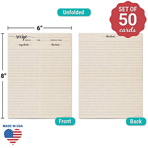 321Done Folding Recipe Cards - Set of 50, Extra Large 8x6 folds to 4x6, Jumbo Double-sided Rustic Tan Recipe Cards, Script Design for Bridal Shower & Wedding Gift, Made in USA - Image 2