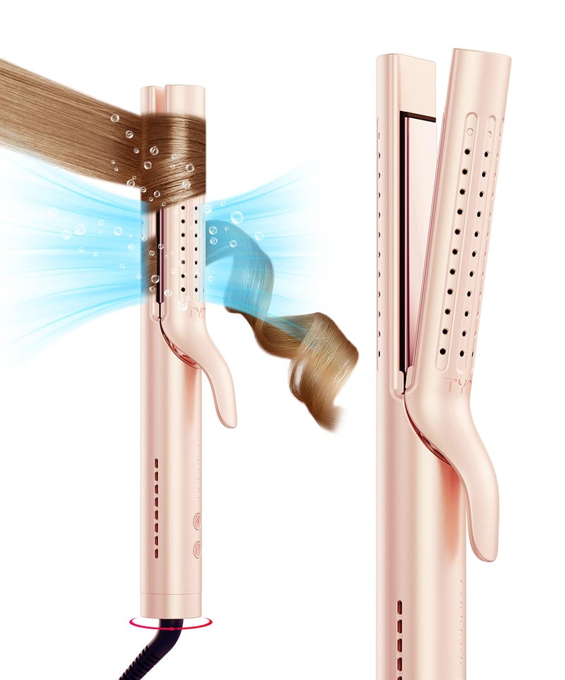 TYMO Airflow 2.0 مكواة تجعيد ومكواة فرد الشعر - 2 في 1، عصا تجعيد 1.25 بوصة للشعر الطويل والقصير، جهد مزدوج للسفر، 54 مليون أيون، مضادة للتشابك، 5 درجات حرارة، لون ذهبي وردي - Image 1