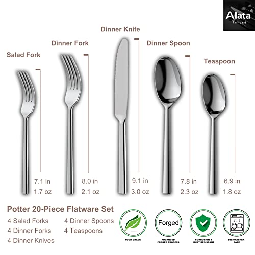 Alata Potter 20-Piece Forged Silverware Set Stainless Steel Flatware Set Cutlery Set,Service for 4,Mirror Finish,Dishwasher Safe - Image 4