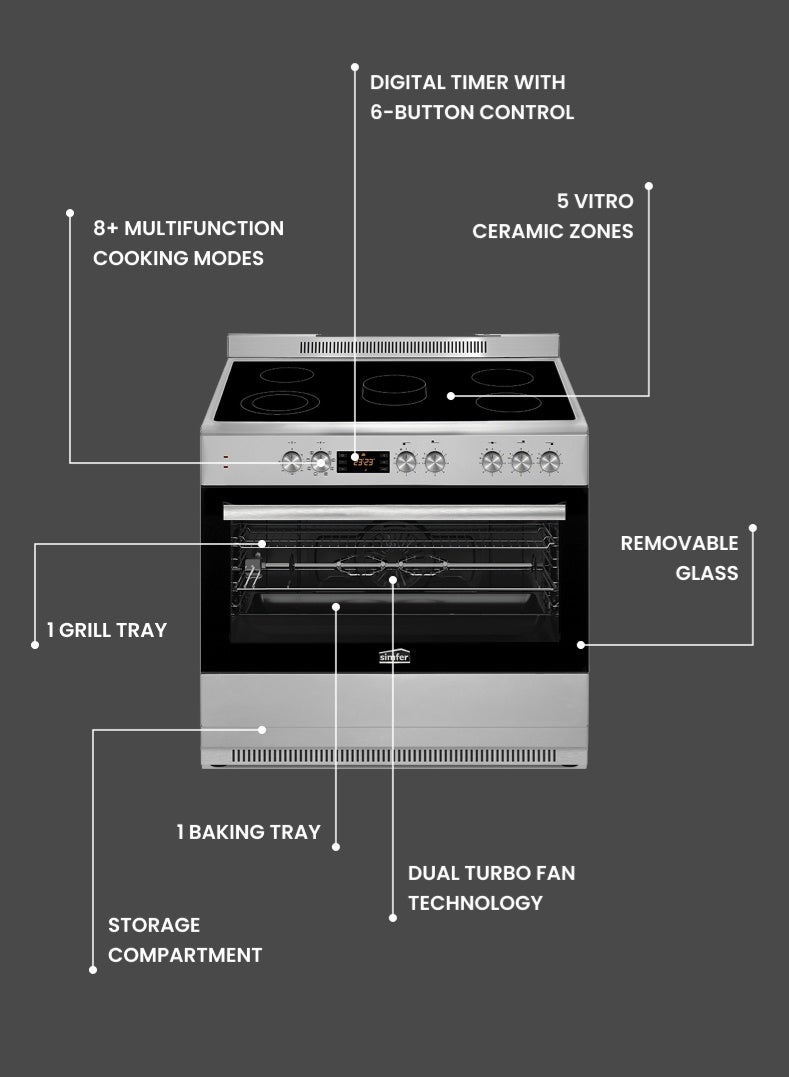 Simfer Vitro Ceramic 90x60 cm | 107L Oven Capacity | 5 Vitro Ceramic Zones | Turbo Fan x2 Grill & Rotisserie | Digital Timer Auto Cooling | Stainless Steel | Model SMF9067VCH Vitro Ceramic Cooker - Image 3