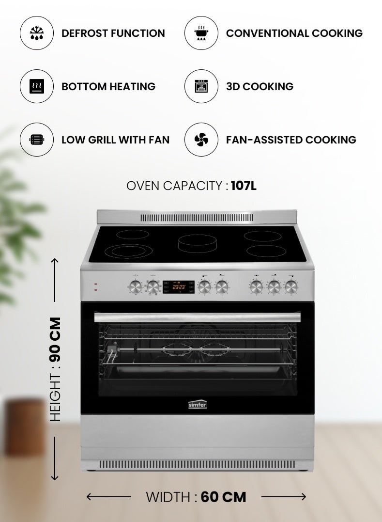 Simfer Vitro Ceramic 90x60 cm | 107L Oven Capacity | 5 Vitro Ceramic Zones | Turbo Fan x2 Grill & Rotisserie | Digital Timer Auto Cooling | Stainless Steel | Model SMF9067VCH Vitro Ceramic Cooker - Image 2
