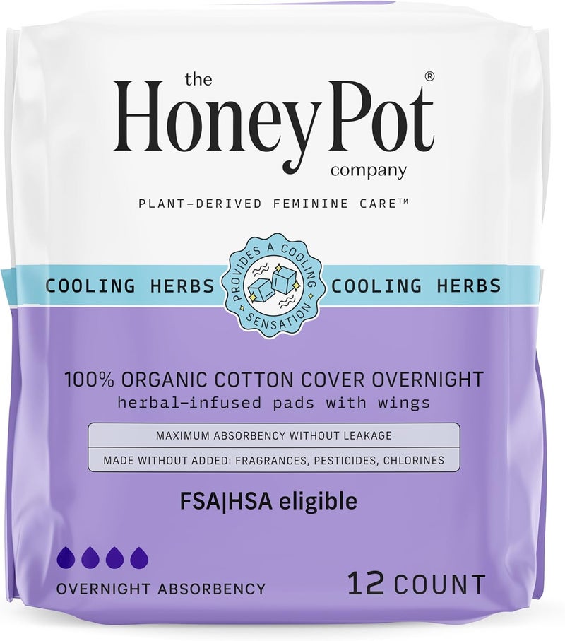The Honey Pot Company - Herbal Pads for Women - Overnight w/Wings - Infused w/Essential Oils for Cooling Effect & Organic Cotton Cover - Feminine Care - FSA & HSA Eligible - 12 ct