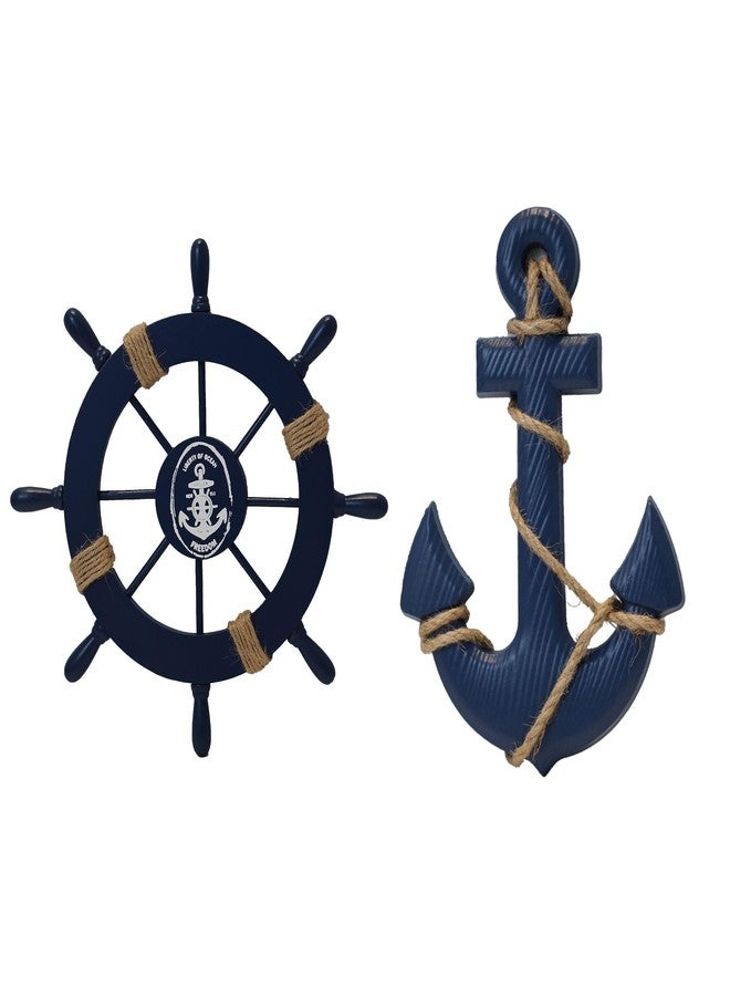 OQUQO 2 Pack 11" Nautical Beach Wooden Ship Wheel and 13" Wooden Anchor with Rope Nautical Boat Steering Wheel Rudder Anchor Wall Art Decor Door Hanging Ornament Beach Theme Home Decoration (Dark Blue) - Image 1