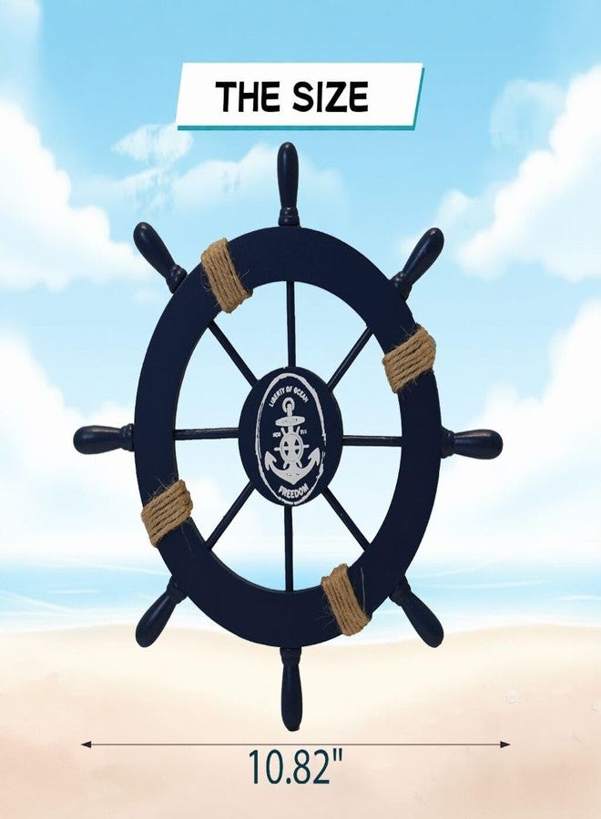 OQUQO 2 Pack 11" Nautical Beach Wooden Ship Wheel and 13" Wooden Anchor with Rope Nautical Boat Steering Wheel Rudder Anchor Wall Art Decor Door Hanging Ornament Beach Theme Home Decoration (Dark Blue) - Image 4