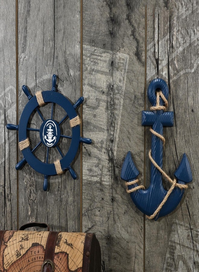 OQUQO 2 Pack 11" Nautical Beach Wooden Ship Wheel and 13" Wooden Anchor with Rope Nautical Boat Steering Wheel Rudder Anchor Wall Art Decor Door Hanging Ornament Beach Theme Home Decoration (Dark Blue) - Image 2