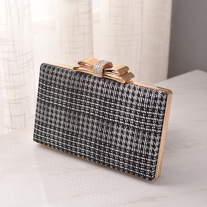 Elegant Black Evening Clutch with Bow and Rhinestone, PU Hard Shell Party Handbag - Image 1