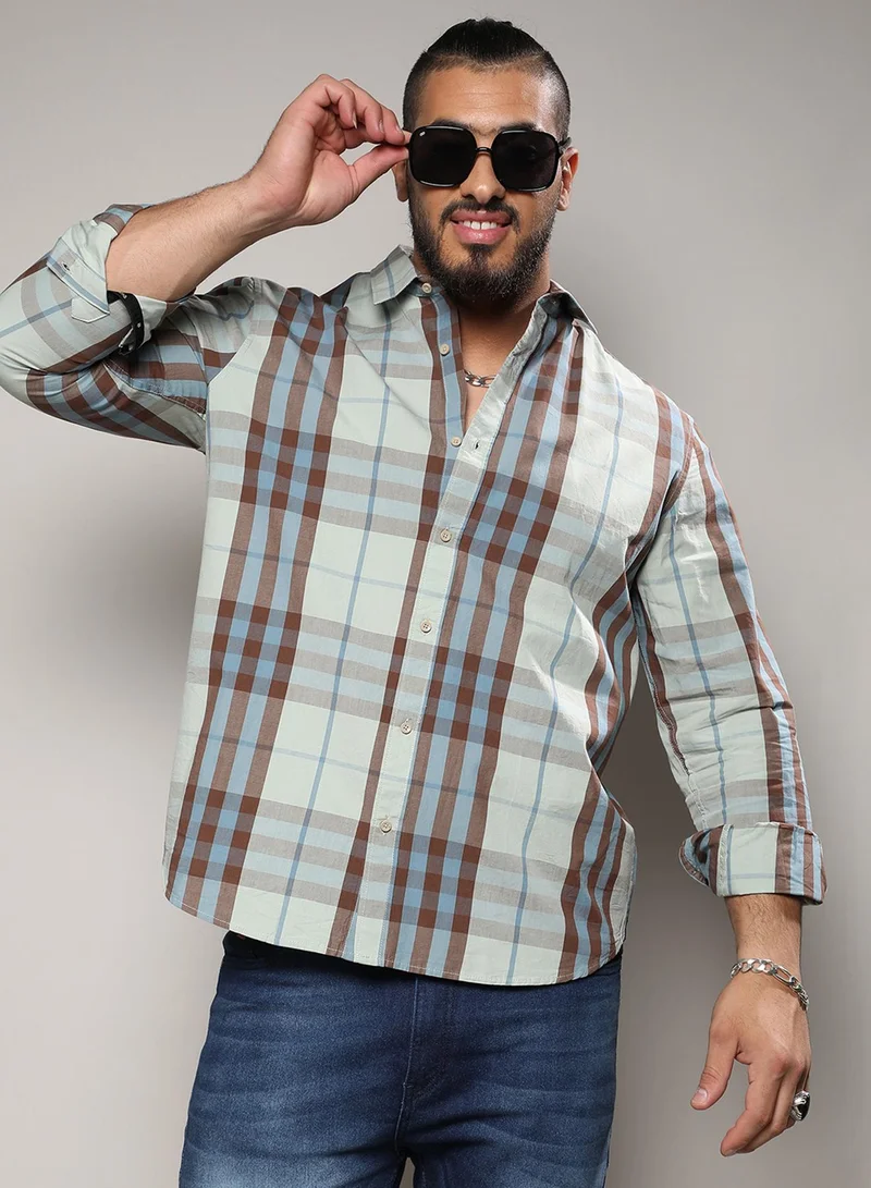 انستافاب بلس قميص رجالي مقاس كبير كاروهات أخضر حكيم قطن بأزرار وياقة واسعة