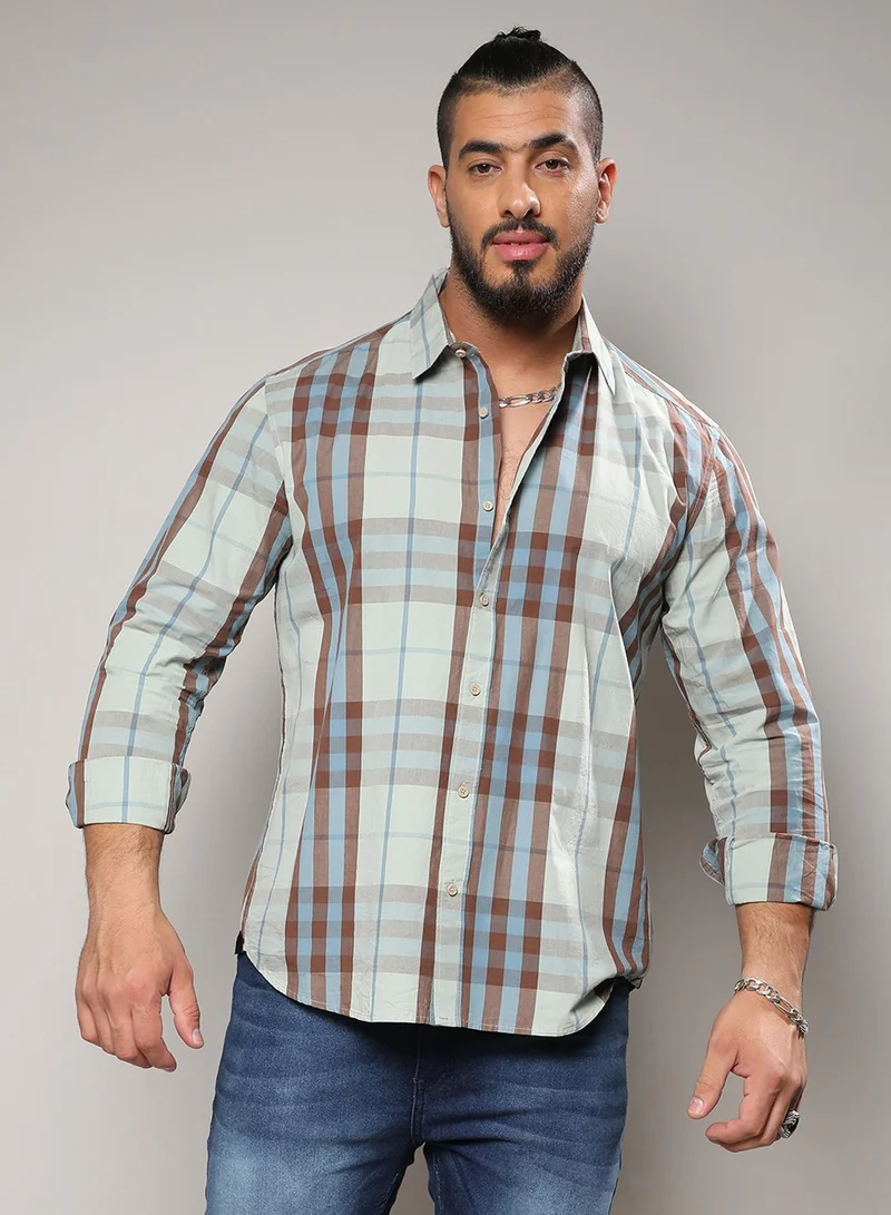 انستافاب بلس قميص رجالي مقاس كبير كاروهات أخضر حكيم قطن بأزرار وياقة واسعة