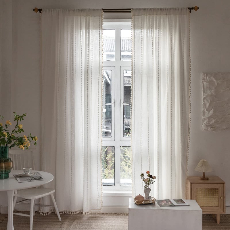 RoomTalks White Boho Farmhouse Curtains for Bedroom Living Room 84 Inch Length French Country Cute Polyester Window Curtain Panels Embroidery Striped Bohemian Chic Tassel Draperies, 84â€™â€™L x 52â€™â€™W - Image 2