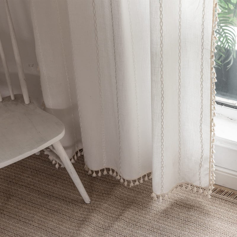 RoomTalks White Boho Farmhouse Curtains for Bedroom Living Room 84 Inch Length French Country Cute Polyester Window Curtain Panels Embroidery Striped Bohemian Chic Tassel Draperies, 84â€™â€™L x 52â€™â€™W - Image 3