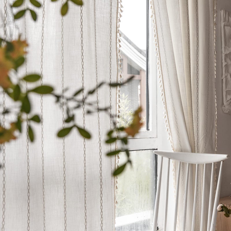 RoomTalks White Boho Farmhouse Curtains for Bedroom Living Room 84 Inch Length French Country Cute Polyester Window Curtain Panels Embroidery Striped Bohemian Chic Tassel Draperies, 84â€™â€™L x 52â€™â€™W - Image 4