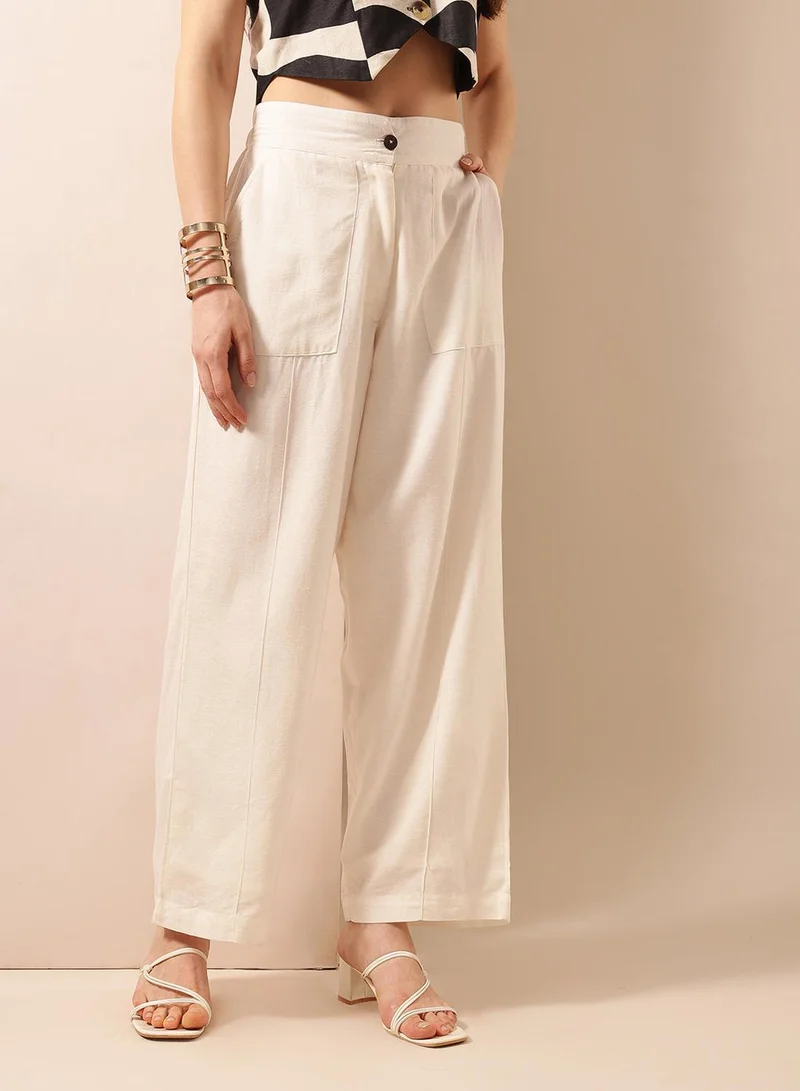 آي شين Off White Poly Solid Print Full Length Palazzo Flared Trouser For Women