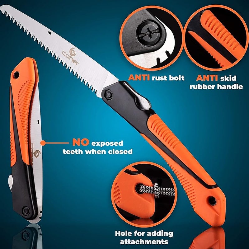 coher Folding Hand Saw for Tree Pruning, Camping, Gardening, Hunting. Cutting Wood, PVC, Bone with Ergonomic Handle Design - Image 2