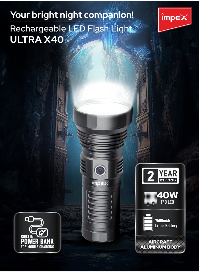 Impex Rechargeable LED Flashlight, 40W T40 LED Torch, 7500mAh Li-ion Battery, Aircraft-Grade Aluminum Body, Built-in Power Bank, Type-C Charging, 1000LM Brightness, 5 Modes - Ultra X40  - Image 2