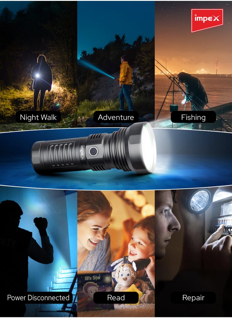 Impex Rechargeable LED Flashlight, 40W T40 LED Torch, 7500mAh Li-ion Battery, Aircraft-Grade Aluminum Body, Built-in Power Bank, Type-C Charging, 1000LM Brightness, 5 Modes - Ultra X40  - Image 4