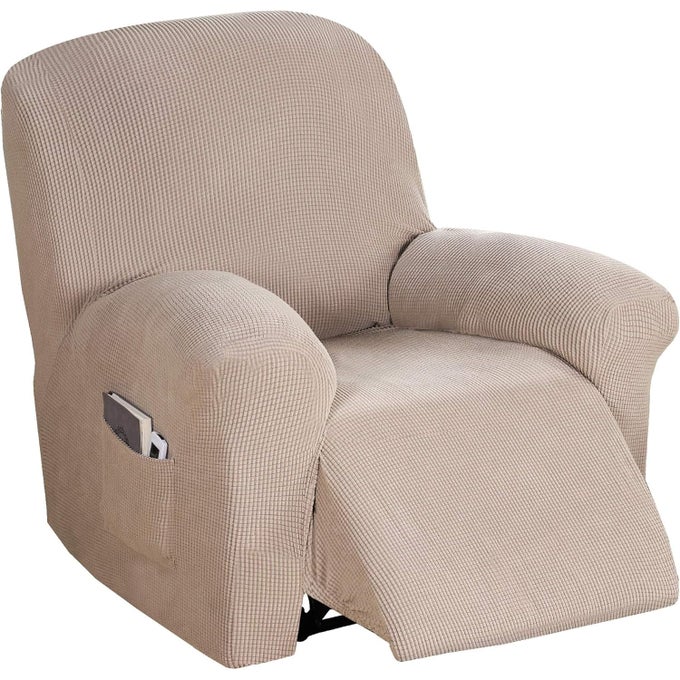 STRETCH RECLINER CHAIR COVER RECLINER COVER FOR ELECTRICMANUAL STYLE FURNITURE COVER FOR RECLINING WITH SIDE POCKET SOFT CHECKED JACQUARD FABRIC FORM FITTED STANDARDOVERSIZED SAND