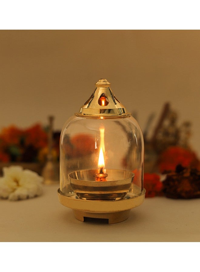 Klassic Klassic Prabha Medium Diya | Curved Diya with Borosilicate Glass Shade | Diya for Pooja, Home Decoration & Gifts & Gold Lid for Jyoti Lighting in Bedroom & Mandir - Image 1