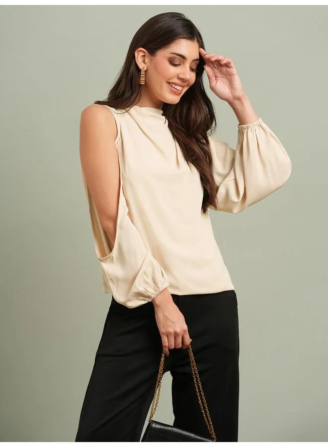 globus Globus Women Cowl Neck Cold Shoulder Bishop Sleeves Solid Pleat Detail Party Top