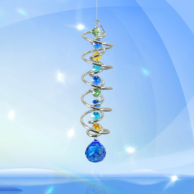 FONMY Gazing Ball Spiral Tail Decorative Wind Spinner Sun Catcher Rainbow Maker DoubleSpiral WSea Blue Crystal Ball and Chain Crystals for Indoor Outdoor Garden Decoration 14 inch Height