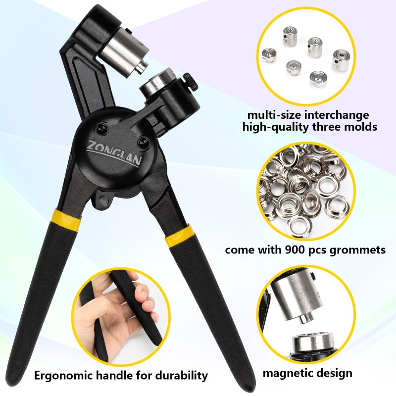 zonglan Heavy Duty Grommet Tool Kit of 1/2" 5/16" and 3/8",Multi Size Handheld Eyelet Tool Plier Rivet Press with 900 pcs Silver Grommets for Tarp Leather Fabric - Image 3
