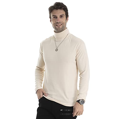 LONGBIDA Men Slim Fit Lightweight Long Sleeve Pullover Top Turtleneck T-Shirt(Beige,S) - Image 4