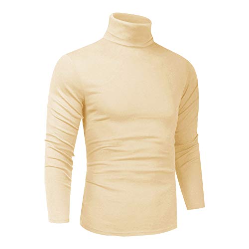 LONGBIDA Men Slim Fit Lightweight Long Sleeve Pullover Top Turtleneck T-Shirt(Beige,S) - Image 1