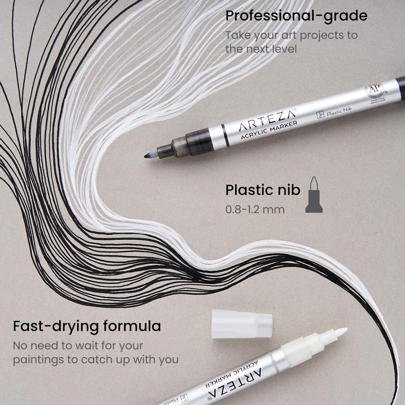 ARTEZA Acrylic Paint Markers, Set of 20 Black & White Acrylic Paint Pens, Art Markers for Glass, Pottery, Ceramic, Plastic, Rocks, and Canvas - Image 3