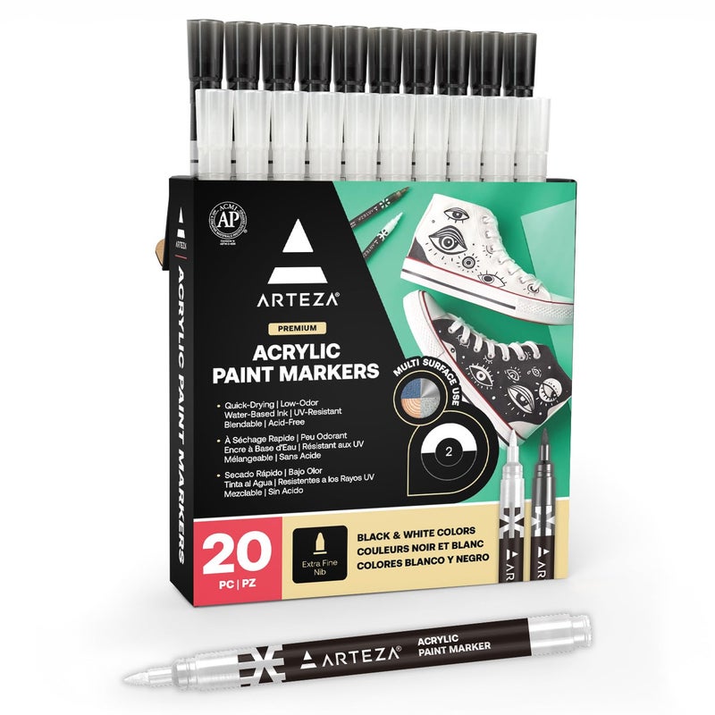 ARTEZA Acrylic Paint Markers, Set of 20 Black & White Acrylic Paint Pens, Art Markers for Glass, Pottery, Ceramic, Plastic, Rocks, and Canvas - Image 1